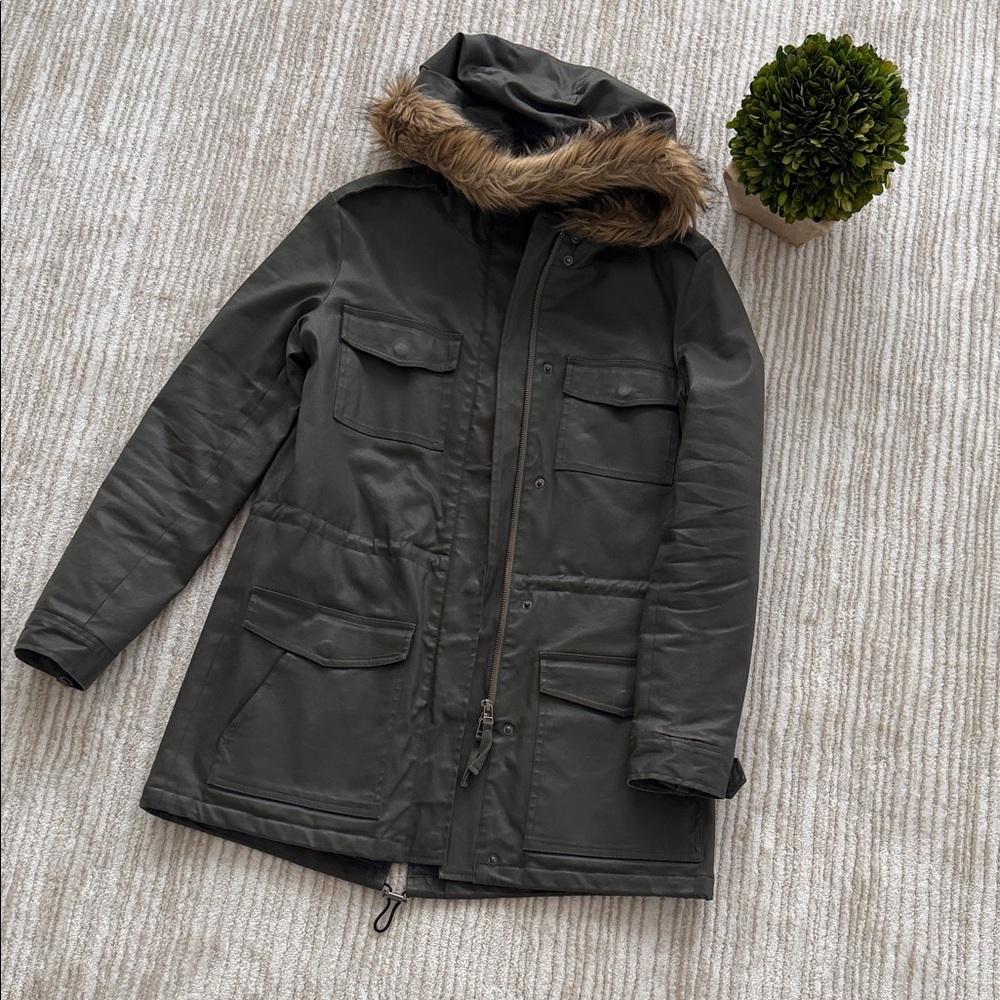 Joie Dark Olive Green Puffer Jacket with Faux Fur Trim Size S